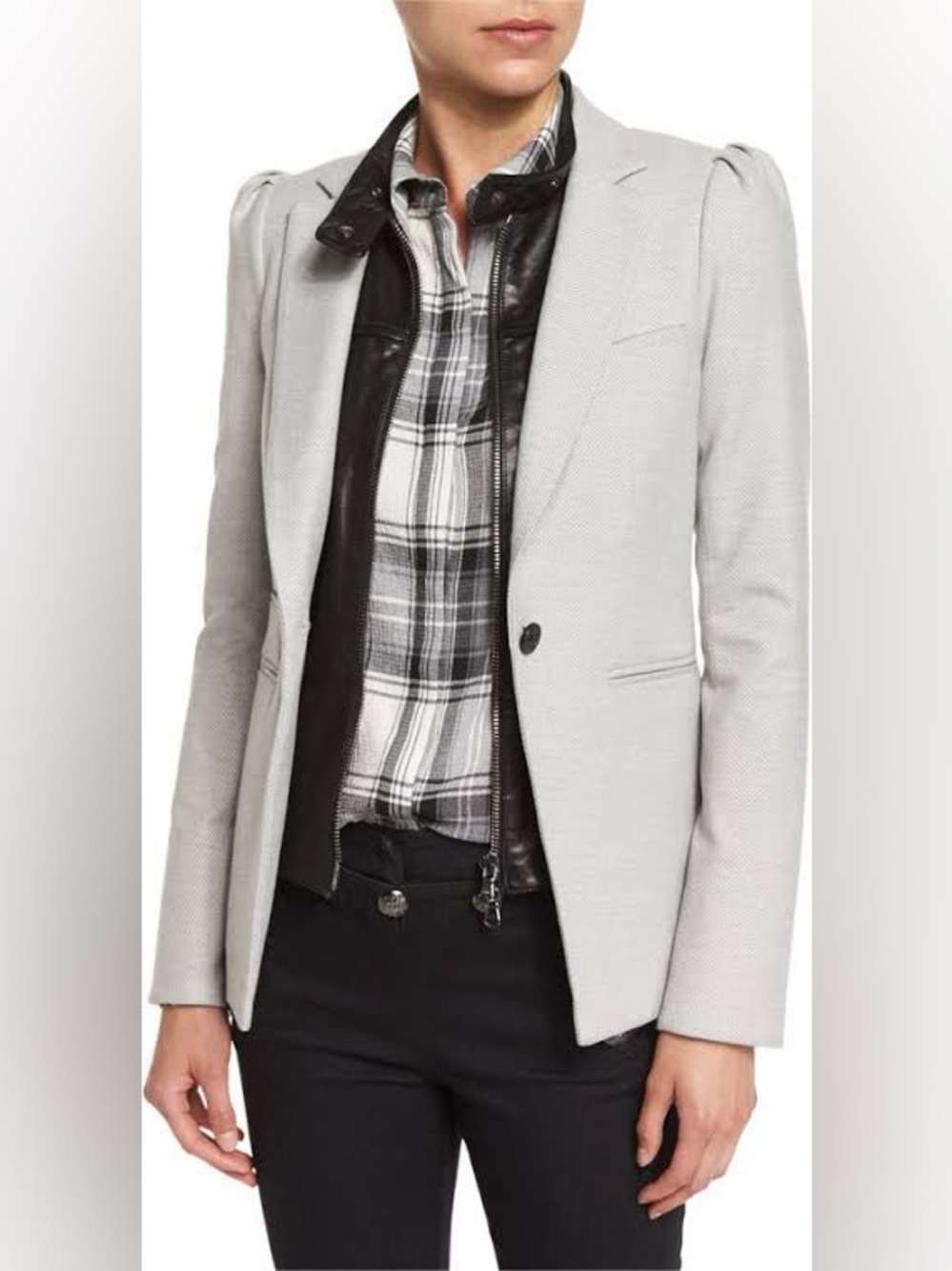 VERONICA BEARD Bodega Single Button Herringbone Dickey Blazer Grey, Sz 10